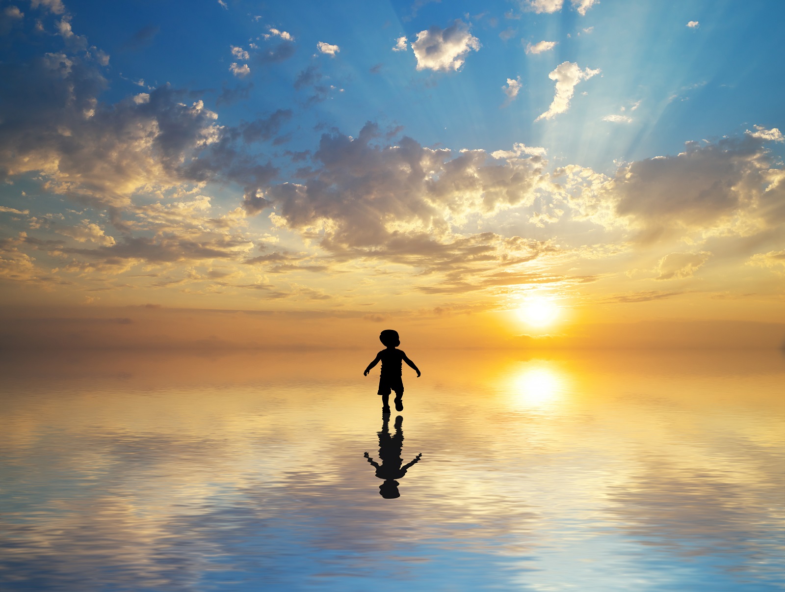 Boy walking on water to the sun. The Way to God.