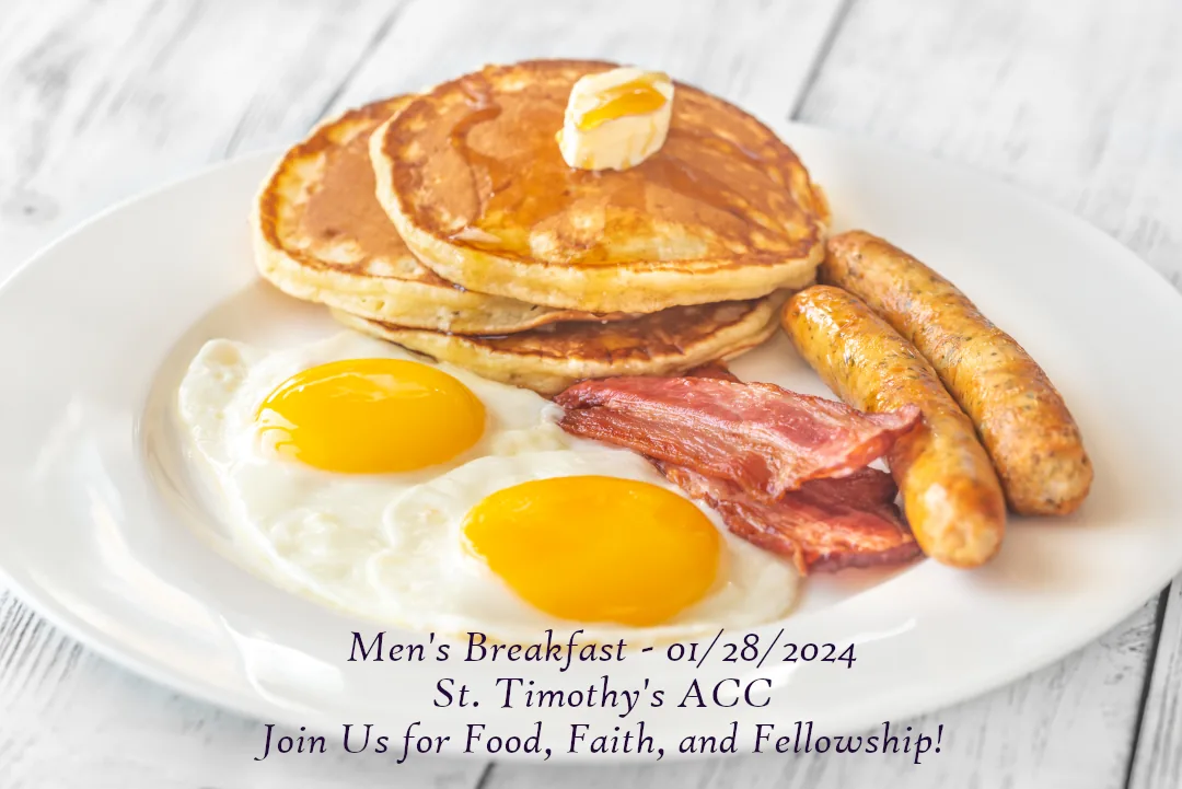 St. Timothy's Men's traditional All American Breakfast with sausage, bacon, eggs and pancakes