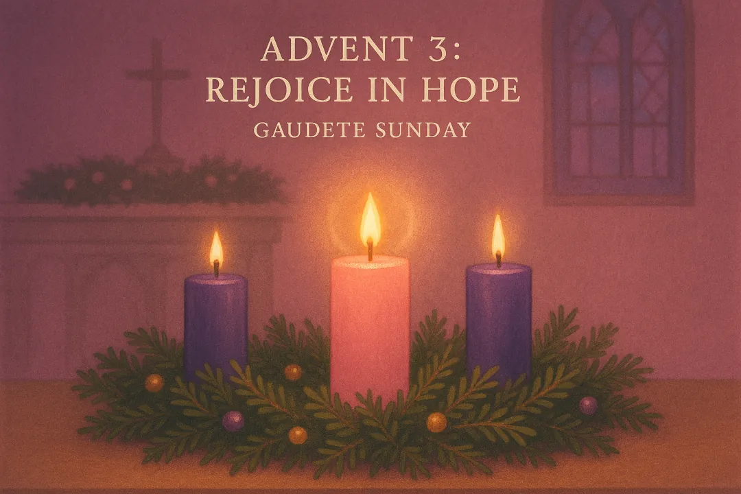 Advent wreath with three candles lit: two purple (or blue) and one rose candle glowing brightly. A soft halo of light around the rose candle to emphasize joy.