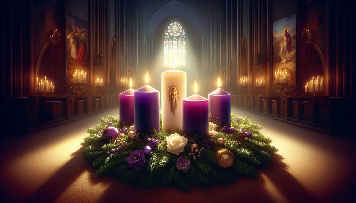 Advent wreath with glowing candles and greenery symbolizing hope and light at St. Timothy’s Anglican Catholic Church