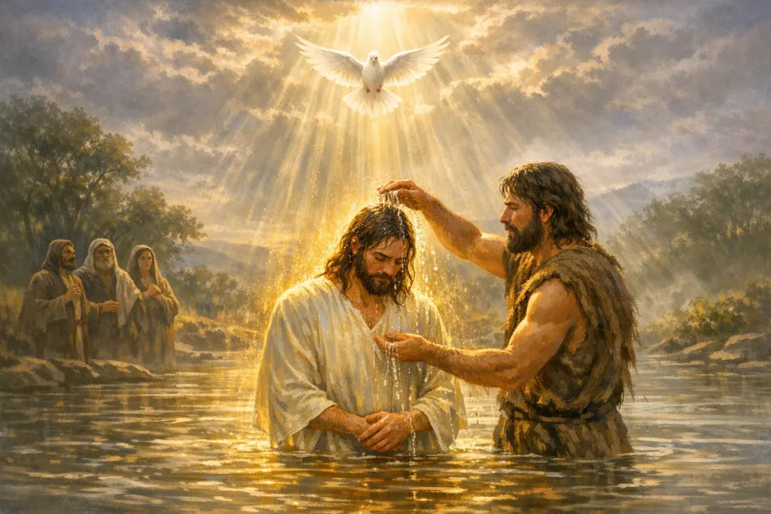 Jesus stands in the Jordan River as John the Baptist baptizes Him. The heavens open above, a radiant light shines through the clouds, and a white dove descends, symbolizing the Holy Spirit. Rays of light suggest the voice of God declaring, ‘You are My beloved Son.’ Onlookers stand in awe along the riverbank.
