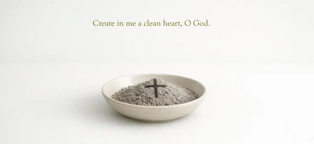 Shallow bowl of gray ashes on a plain white surface with a faint cross drawn in the center; soft, empty background conveying repentance, humility, and the spirit of Psalm 51’s plea for a clean heart.