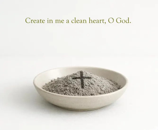 Shallow bowl of gray ashes on a plain white surface with a faint cross drawn in the center; soft, empty background conveying repentance, humility, and the spirit of Psalm 51’s plea for a clean heart.