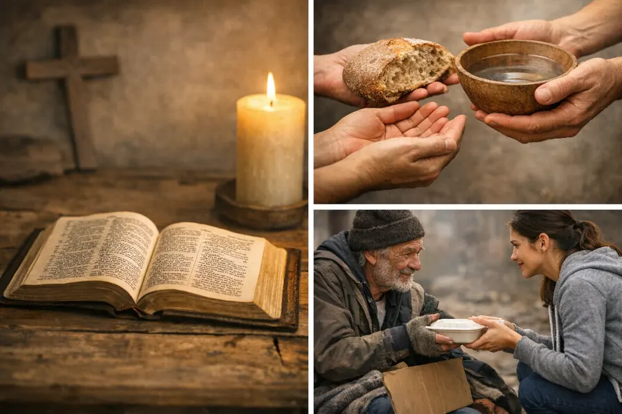 An open Bible with a candle beside it, Hands offering bread, water, or other simple food, and A person giving food or help to someone in need