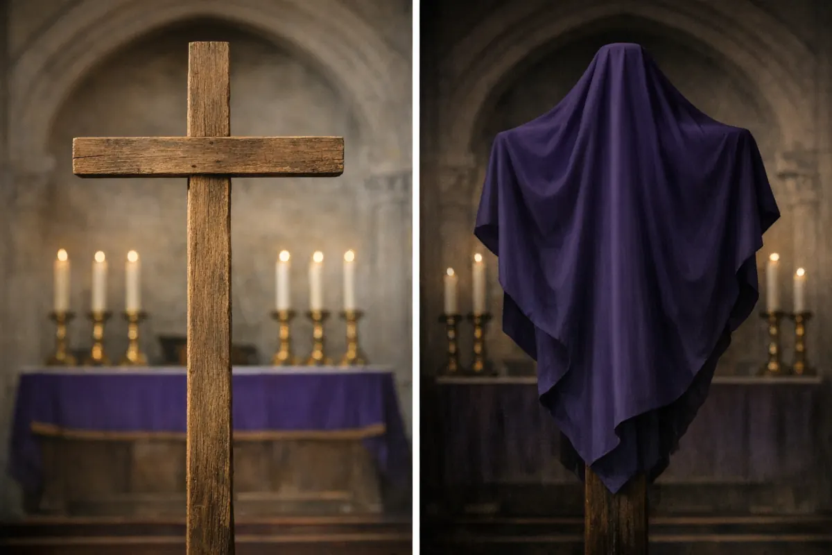 A simple wooden cross, veiled near Passiontide, expressing the somber mood and devotional focus of the Lenten season.
