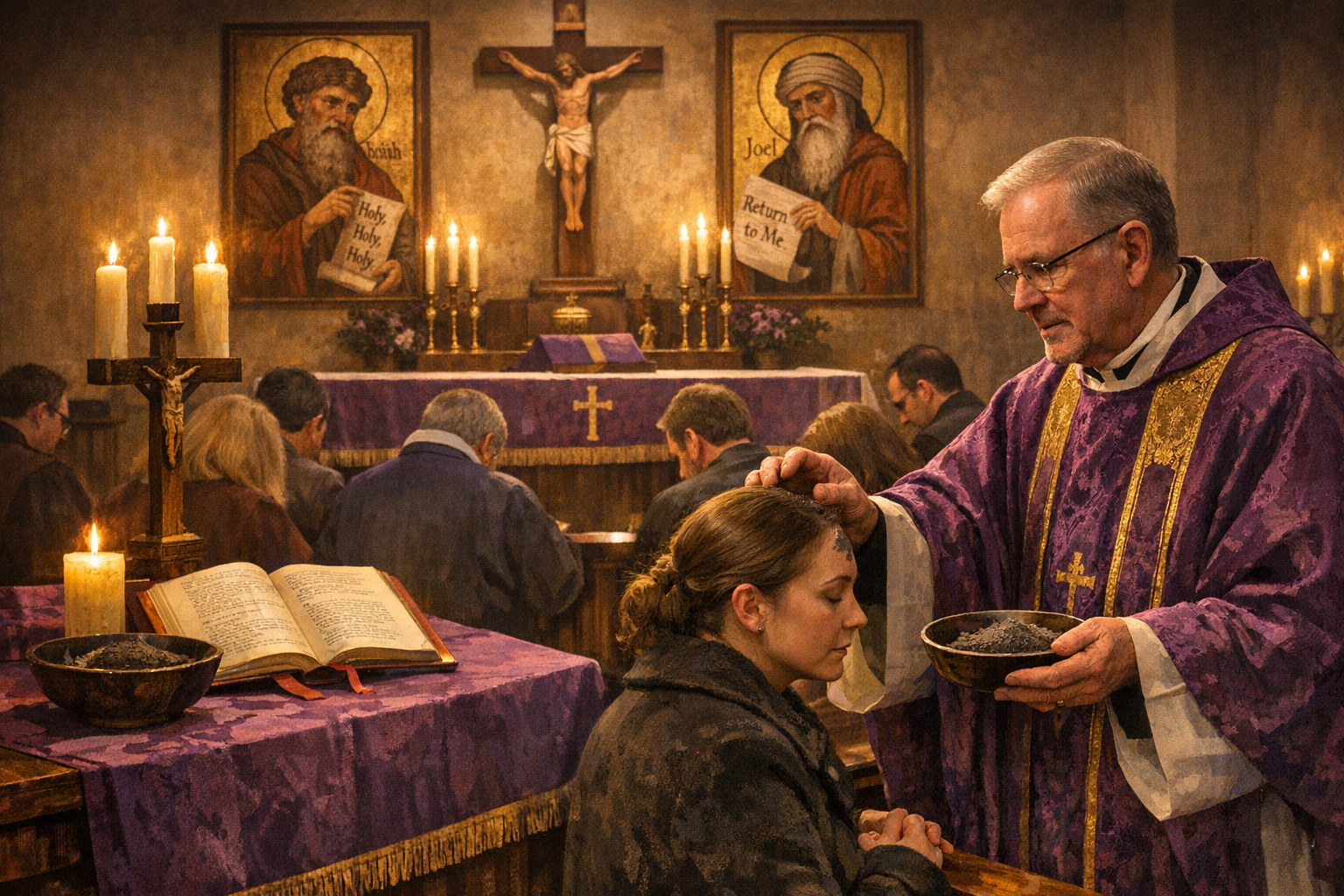 A priest in Anglican Catholic vestments places ashes on a worshipper’s forehead at a softly lit altar during Ash Wednesday. A bowl of ashes, an open lectionary, and lit candles sit nearby as the congregation kneels in prayer, creating a solemn, reflective Lenten atmosphere.