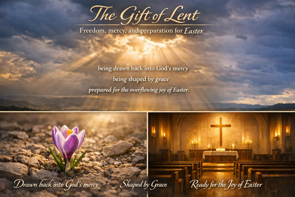 Illustration representing the movement from Lent to Easter: sunlight breaking through clouds, a blooming flower emerging from barren ground, and soft light filling an empty church sanctuary, symbolizing mercy, grace, and preparation for the joy of Easter.