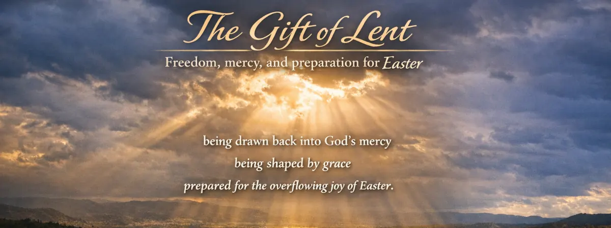 “Illustration representing the movement from Lent to Easter: sunlight breaking through clouds, symbolizing mercy, grace, and preparation for the joy of Easter.