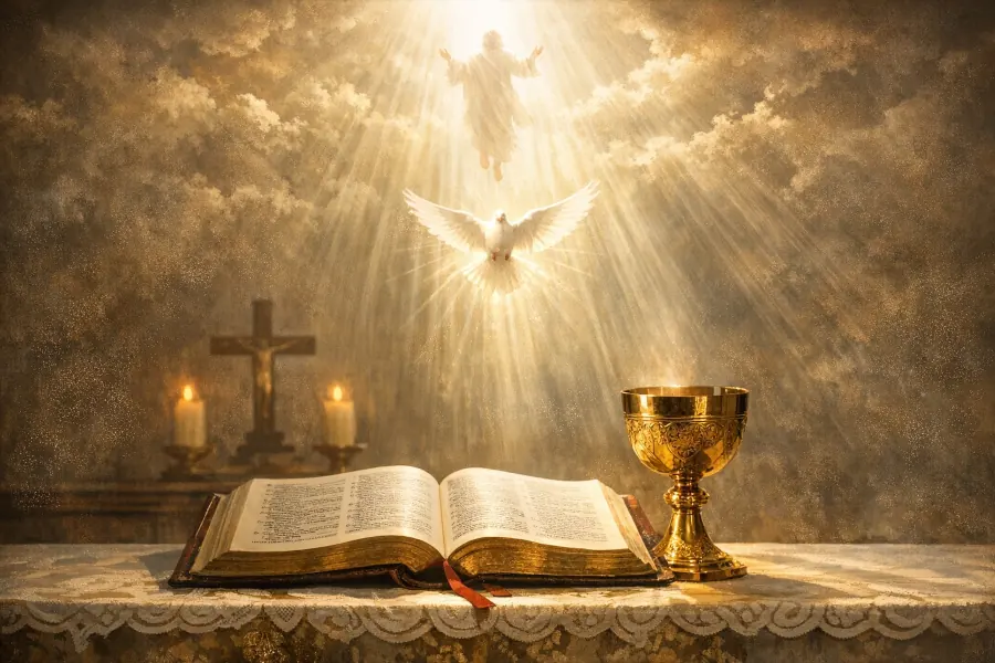 An altar scene with an open Bible and chalice in the foreground, light streaming from above, subtly suggesting Christ’s ascension and the Spirit’s ongoing presence. This single image visually unites Ascension, Holy Spirit, and Sacraments, which is the sermon’s theological core.