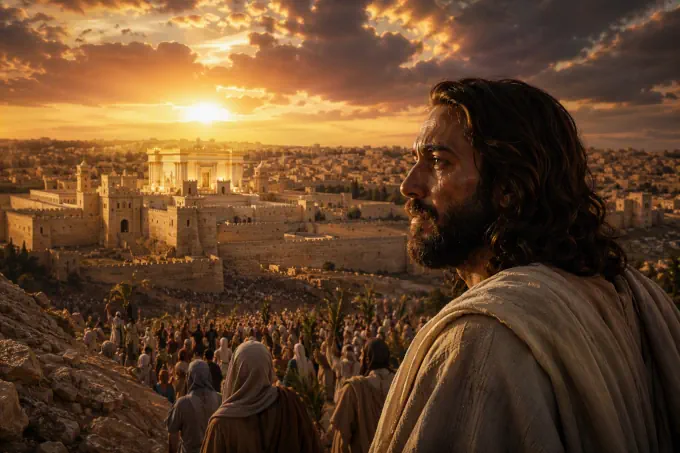 Jesus weeping over Jerusalem at sunset with the Temple in the distance, reflecting on God's grace and the call to repentance.