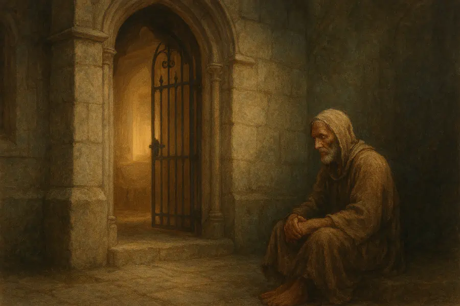 Lazarus sitting outside a partially open gate with light inside, symbolizing the call to mercy in the Gospel of Luke