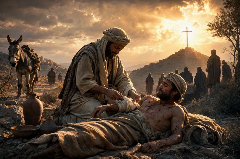 A compassionate traveler helps an injured man along a roadside while a cross shines in the background, symbolizing Christ's love and the call to love our neighbors as ourselves.