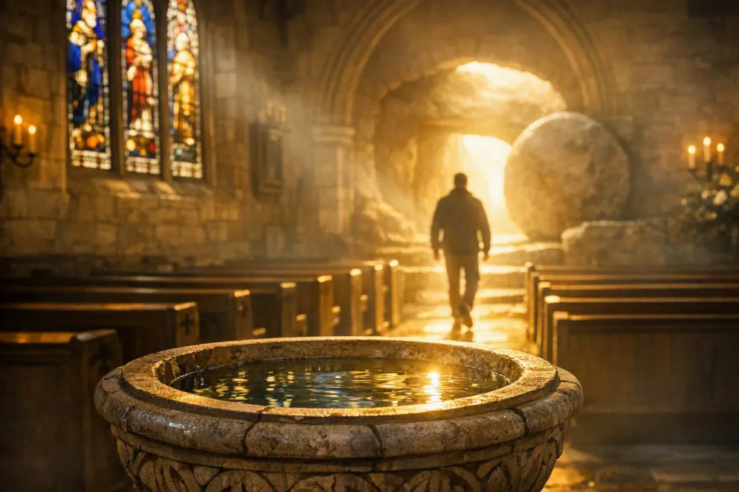 A baptismal font bathed in golden morning sunlight inside a traditional church, symbolizing baptism, resurrection, and new life in Christ.
