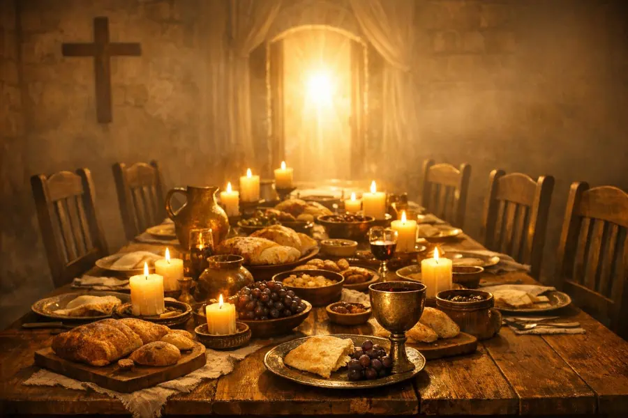 Inviting banquet table with bread, wine, and candlelight symbolizing God’s open invitation to the feast in Luke 14