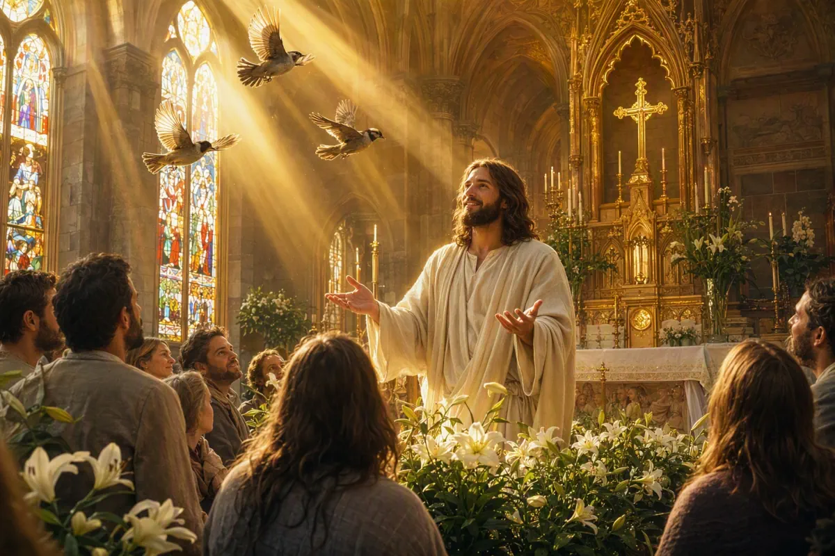 Jesus teaching a gathered crowd in a sunlit church with sparrows flying overhead and white lilies blooming, illustrating God's provision and Christ's message about faith over worry in Matthew 6.