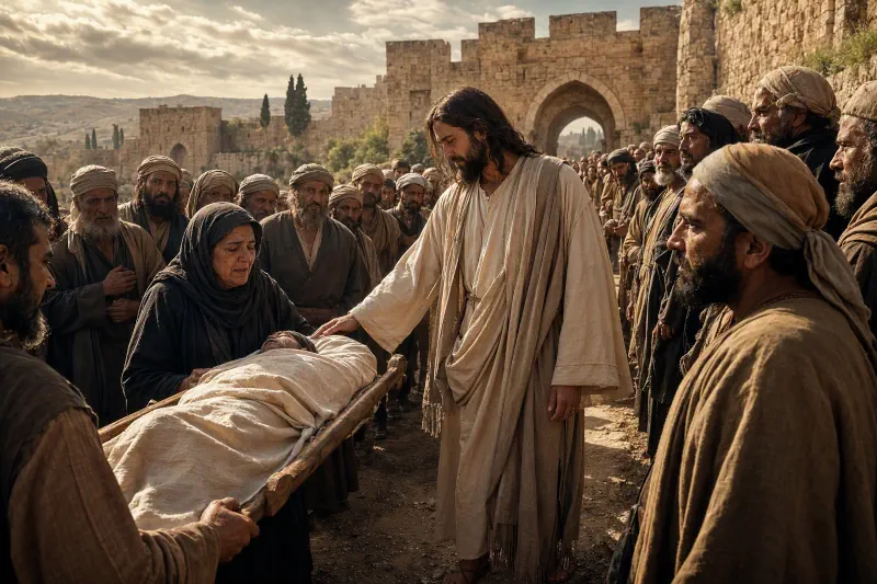 Jesus comforts the widow of Nain and touches her son's funeral bier in Luke 7:11-17.