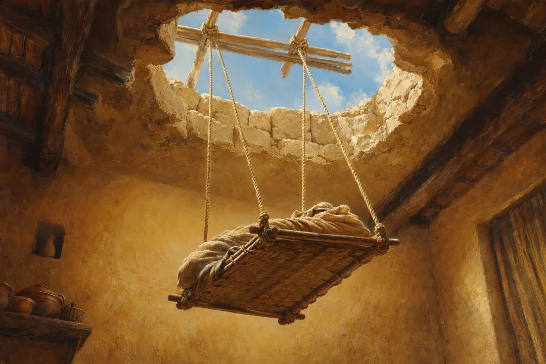 Wooden mat suspended by ropes being lowered through a roof opening to bring a paralyzed man to Jesus.