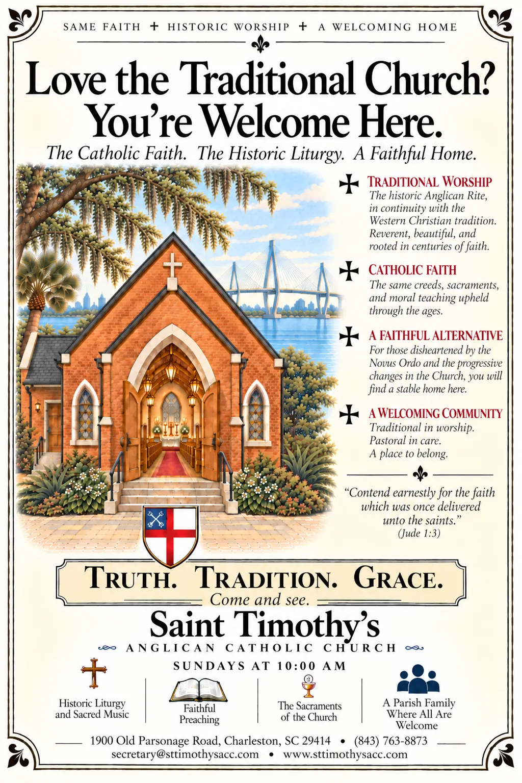 Love the Traditional Church? You're Welcome Here | St. Timothy's Anglican Catholic Church St. Timothy's Anglican Catholic Church welcoming visitors to traditional Anglican worship with a historic church illustration, emphasizing the Catholic faith, traditional liturgy, sacraments, faithful preaching, and a welcoming church family.