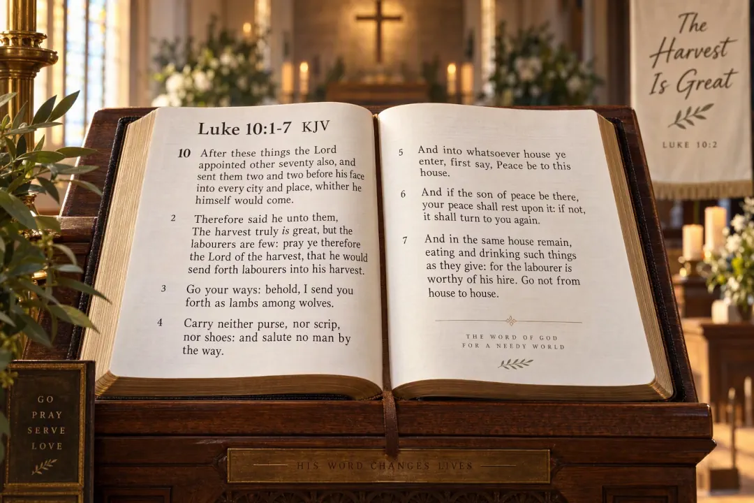 Open Bible on a church lectern displaying Luke 10:1–7 with a cross and candles visible in the sanctuary background.